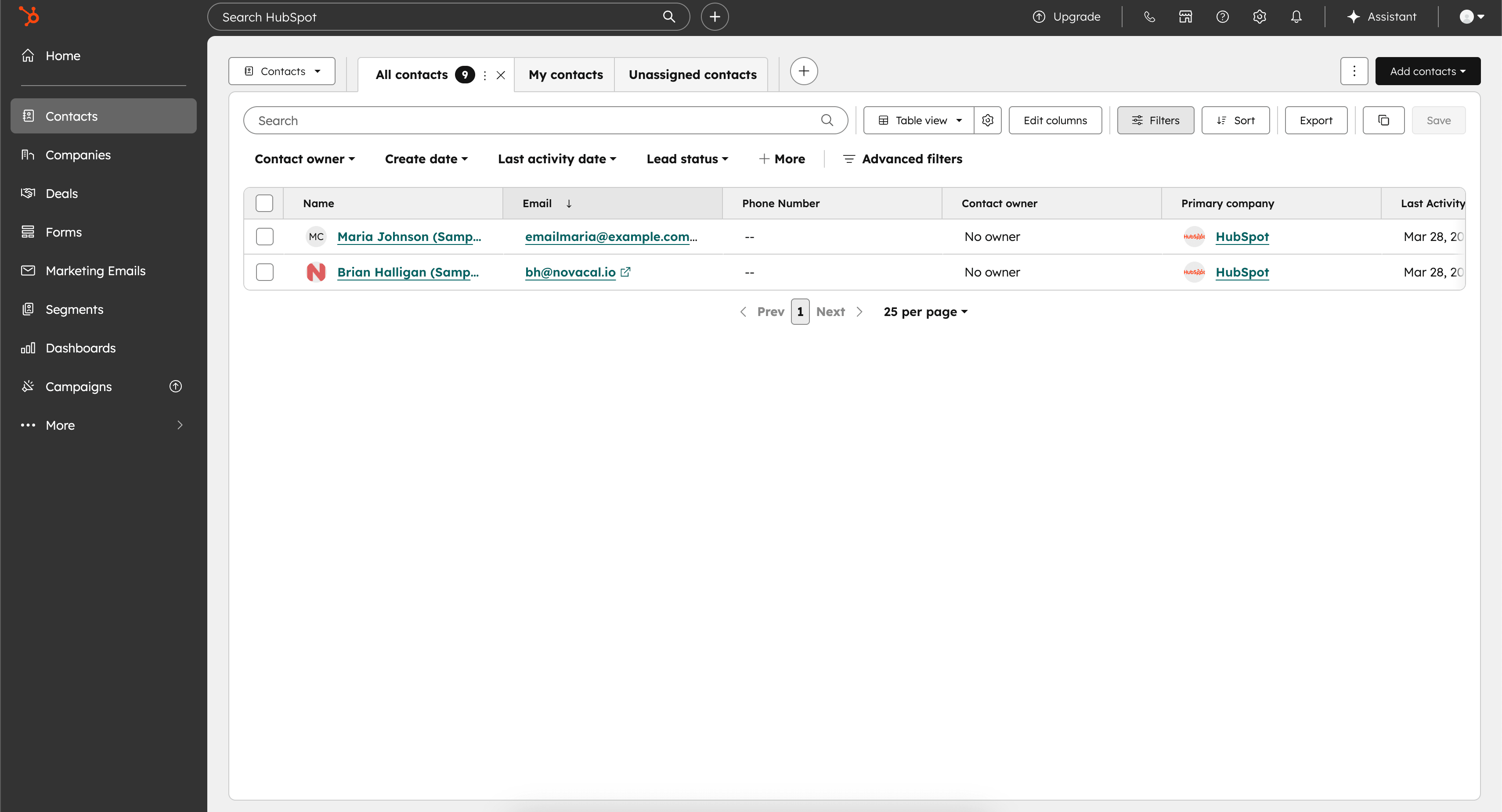 Booked contacts synced from Novacal into HubSpot