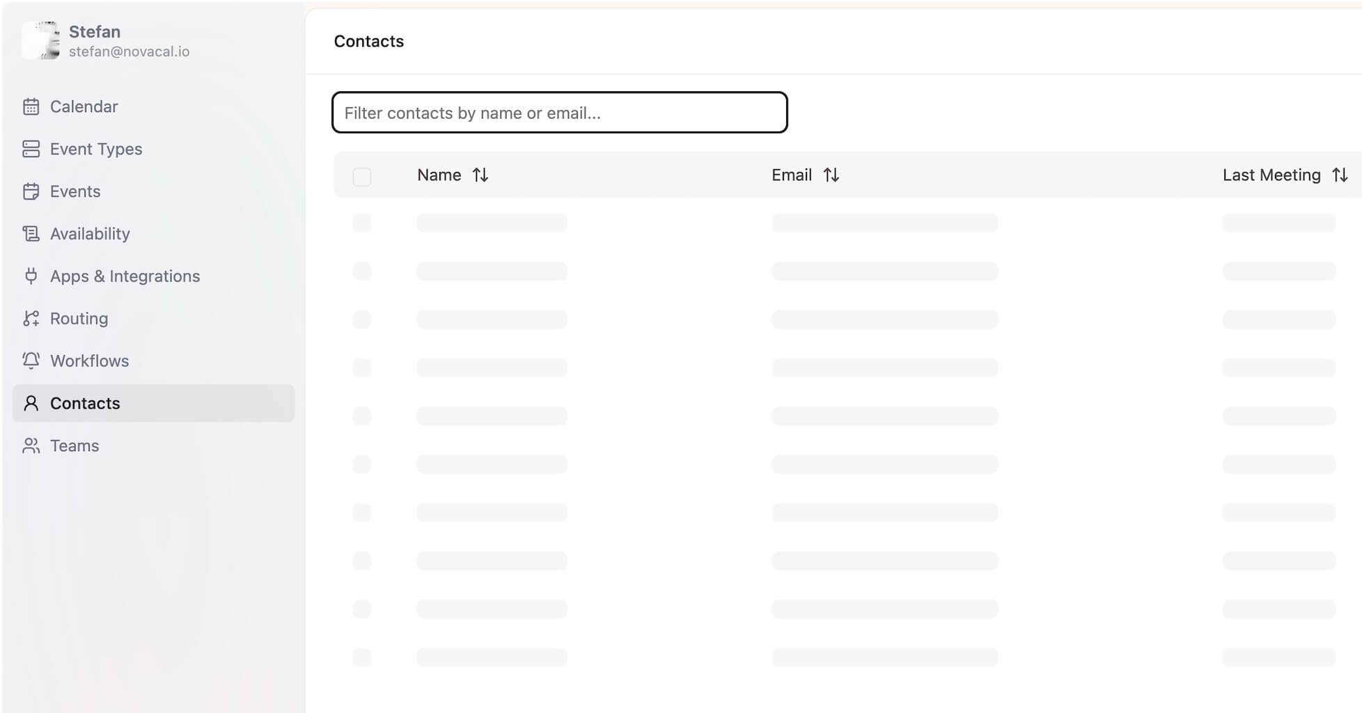 Novacal Contacts CRM showing name, email, and last meeting for every booking