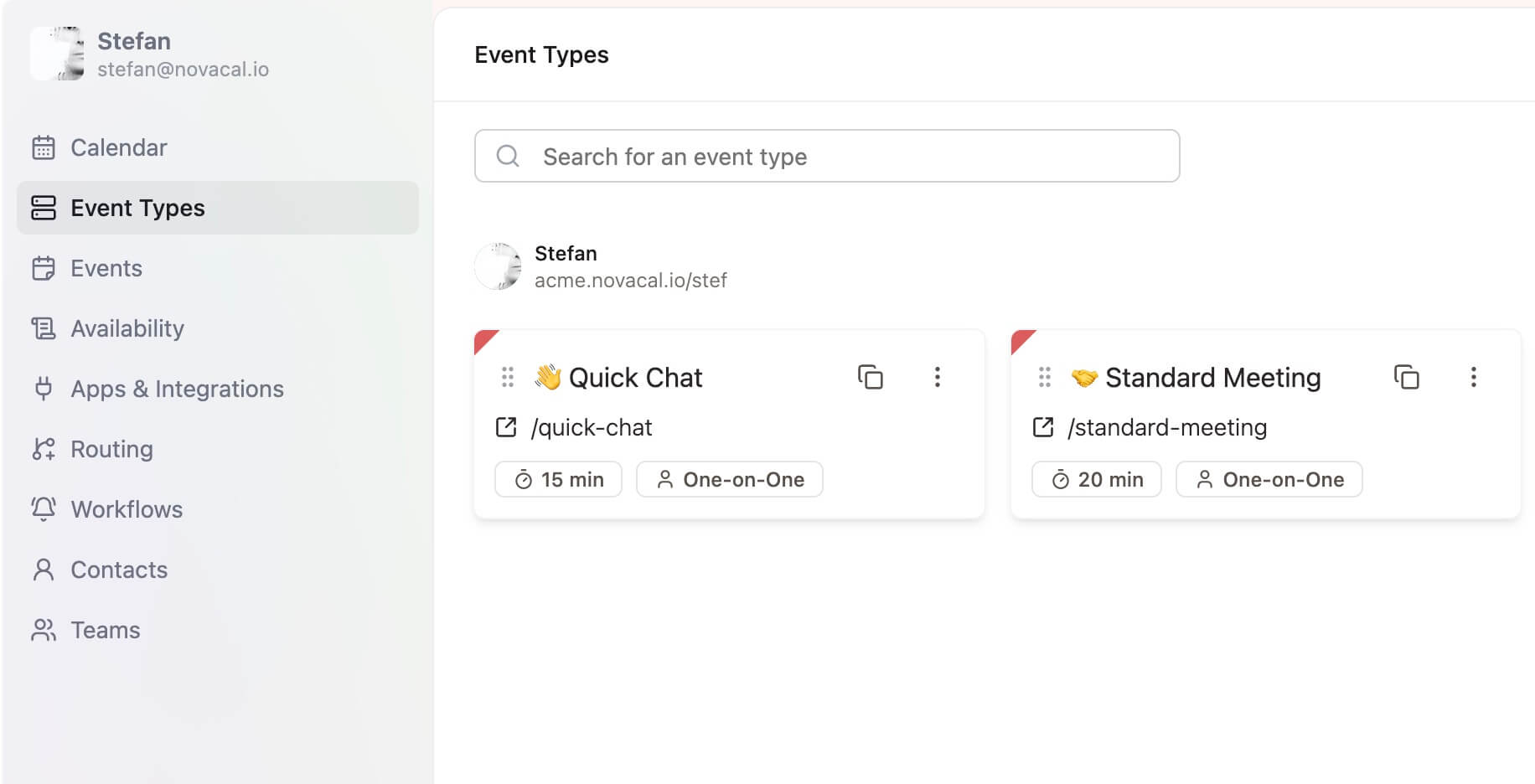 Novacal event types limits
